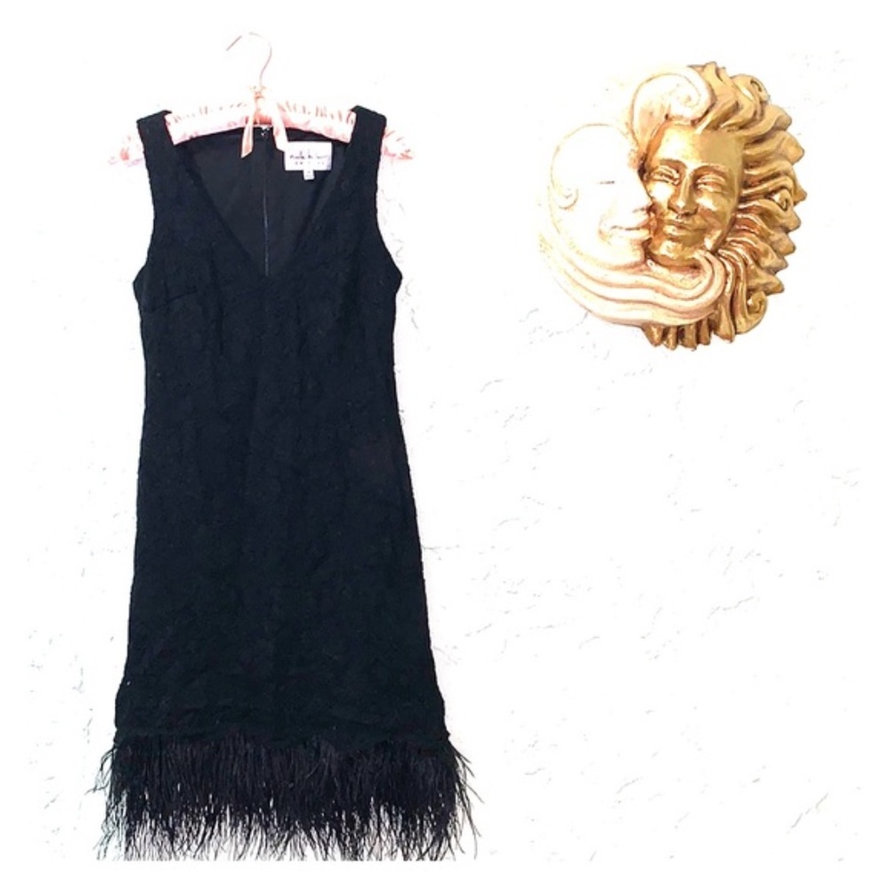 Nicole Miller Black Lace Feather Hem Dress NWT